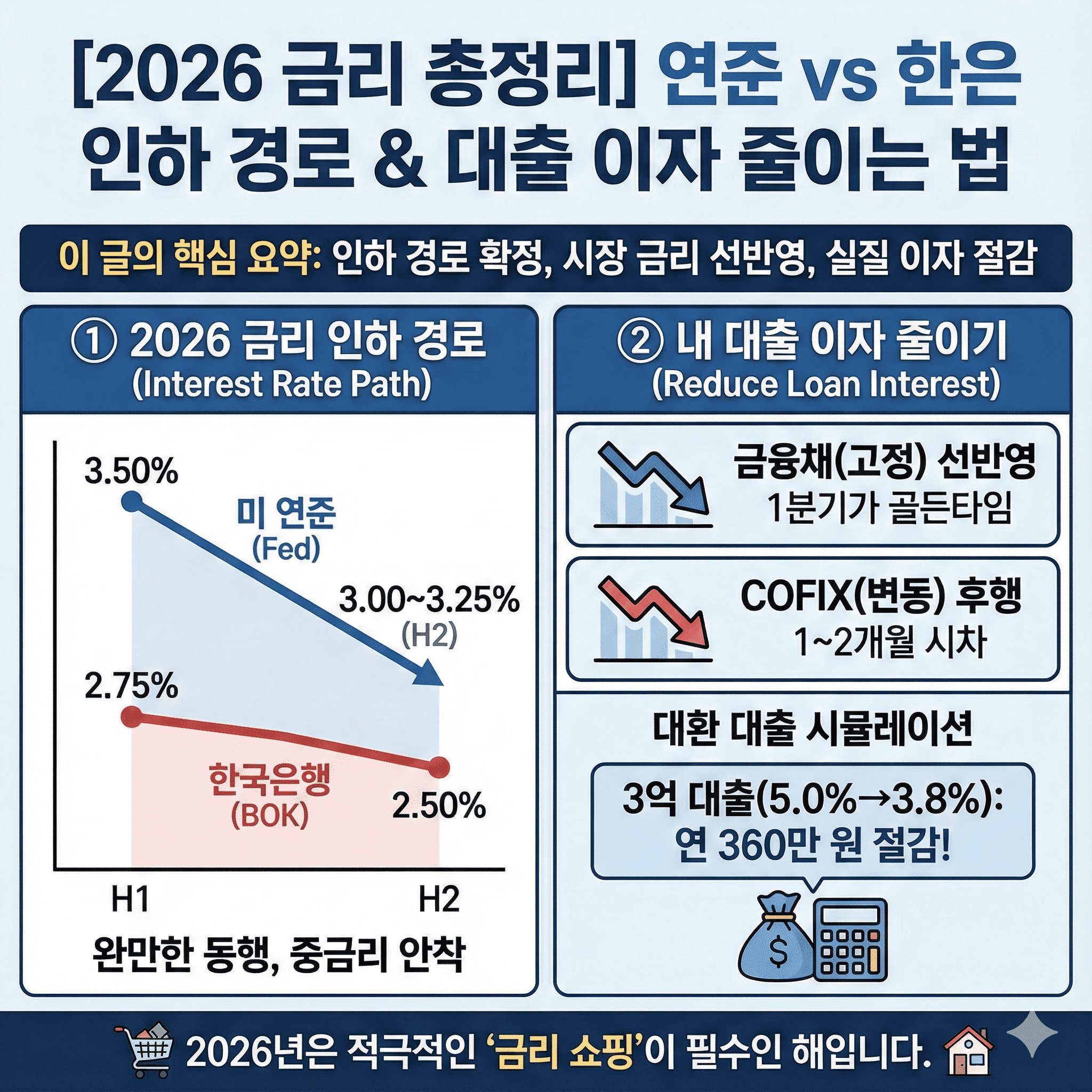 2026 금리 총정리] 연준 vs 한은 인하 경로와 대출 이자 줄이는 법